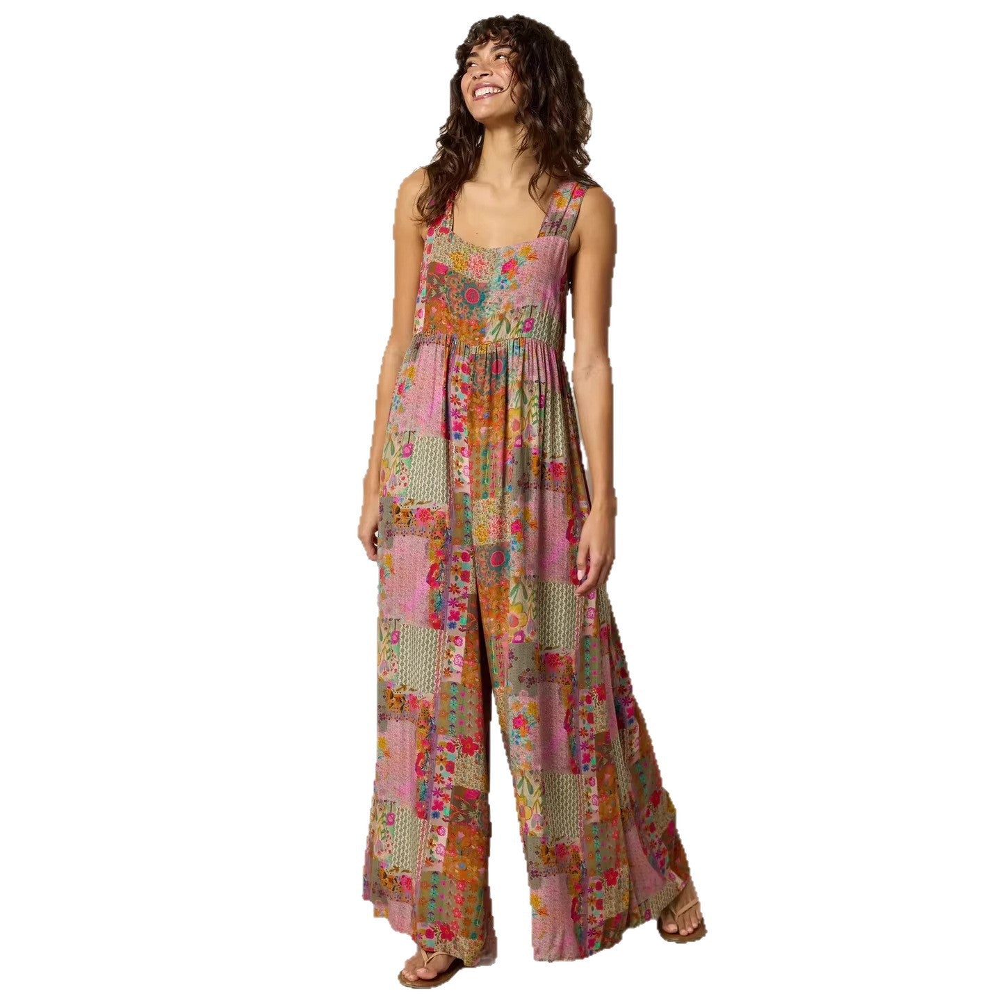 Patchwork Retro Suspender Wide-Leg Stretch Casual Jumpsuit