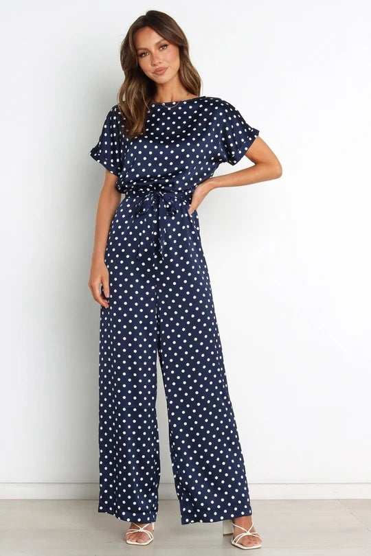 Women's Round Neck Short Sleeve Polka Dot Jumpsuit