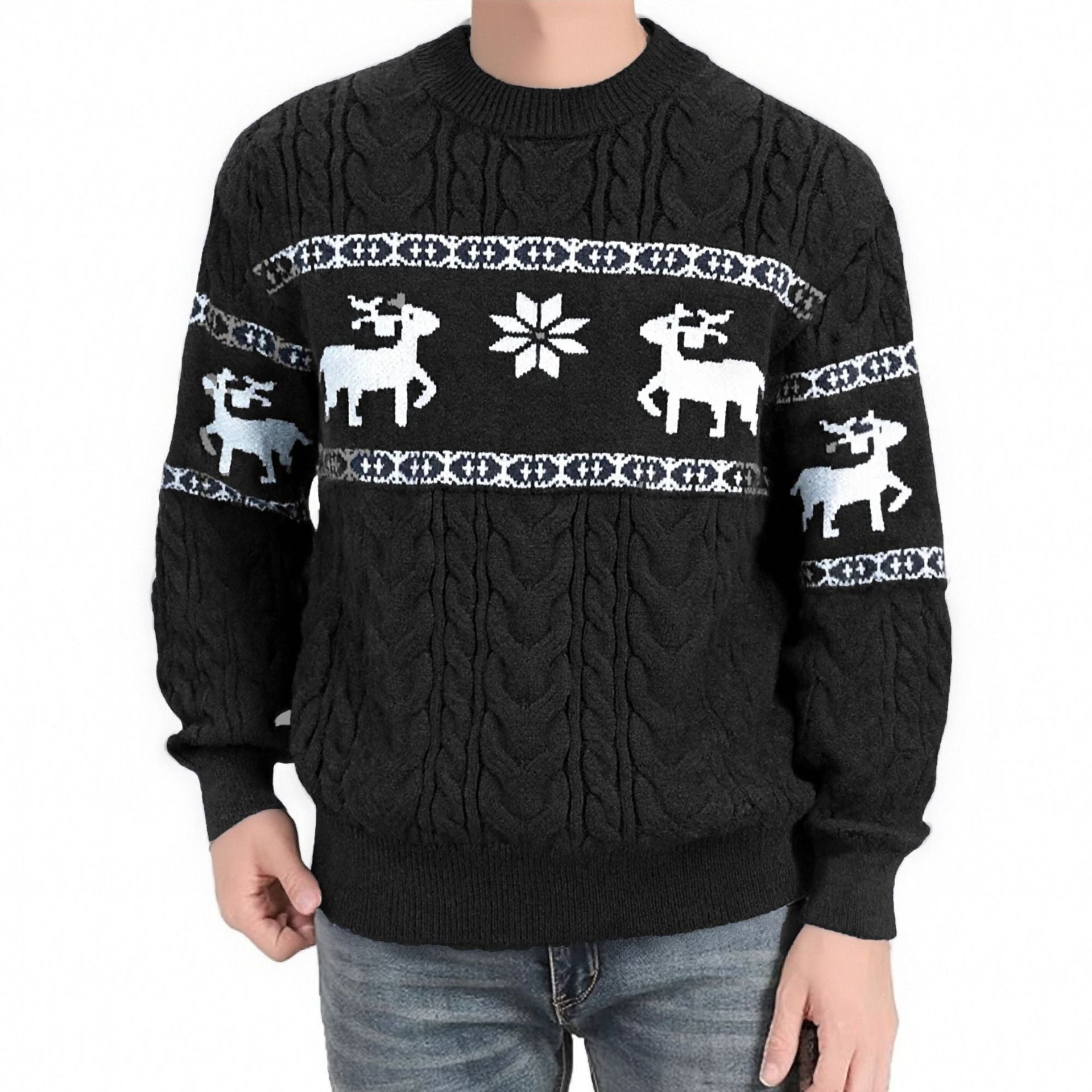 Men's black round neck sweater coat with reindeer and snowflake jacquard knit pattern