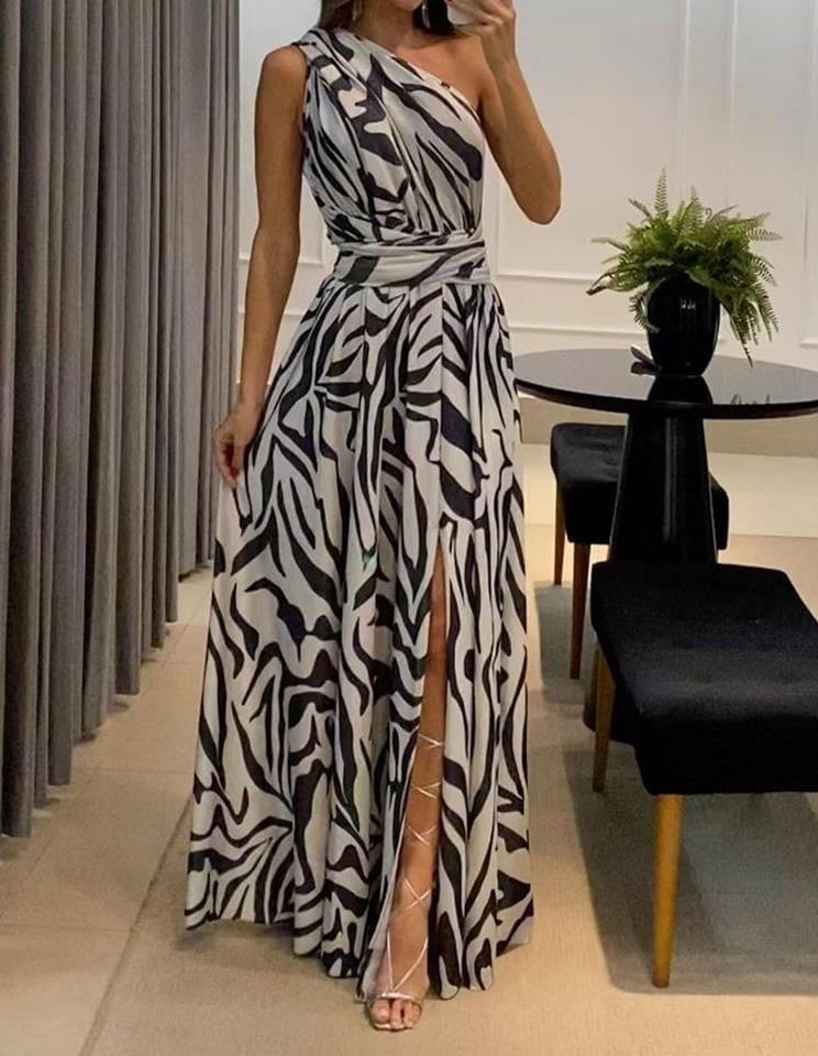 Women's One Shoulder Sleeveless Printed Maxi Dress in 3 Colors S-XXL - Wazzi's Wear