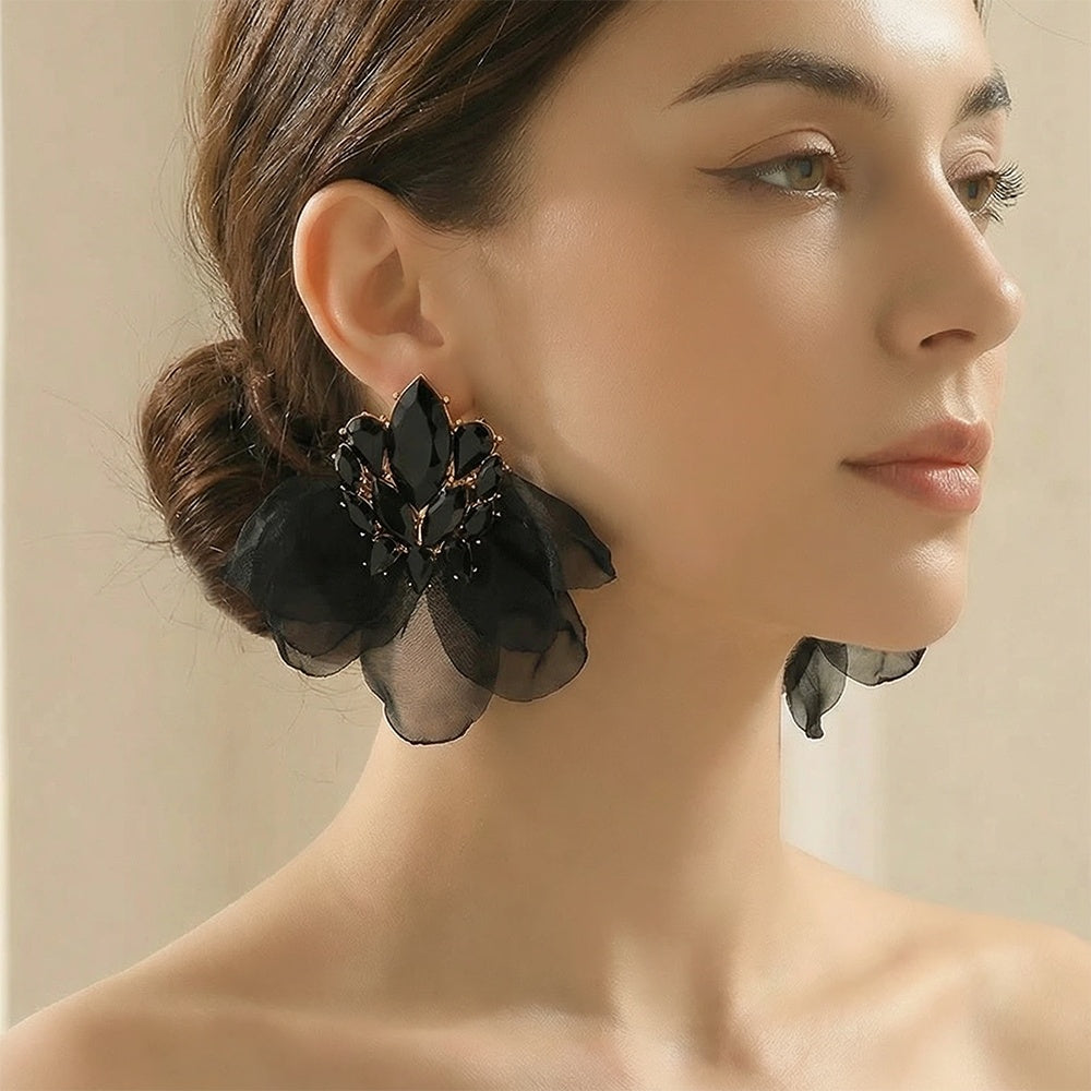 Colorful Sparkly Rhinestone Chiffon Flower Large Stud Earrings For Women Bold Statement Jewelry For Party Prom Vacation