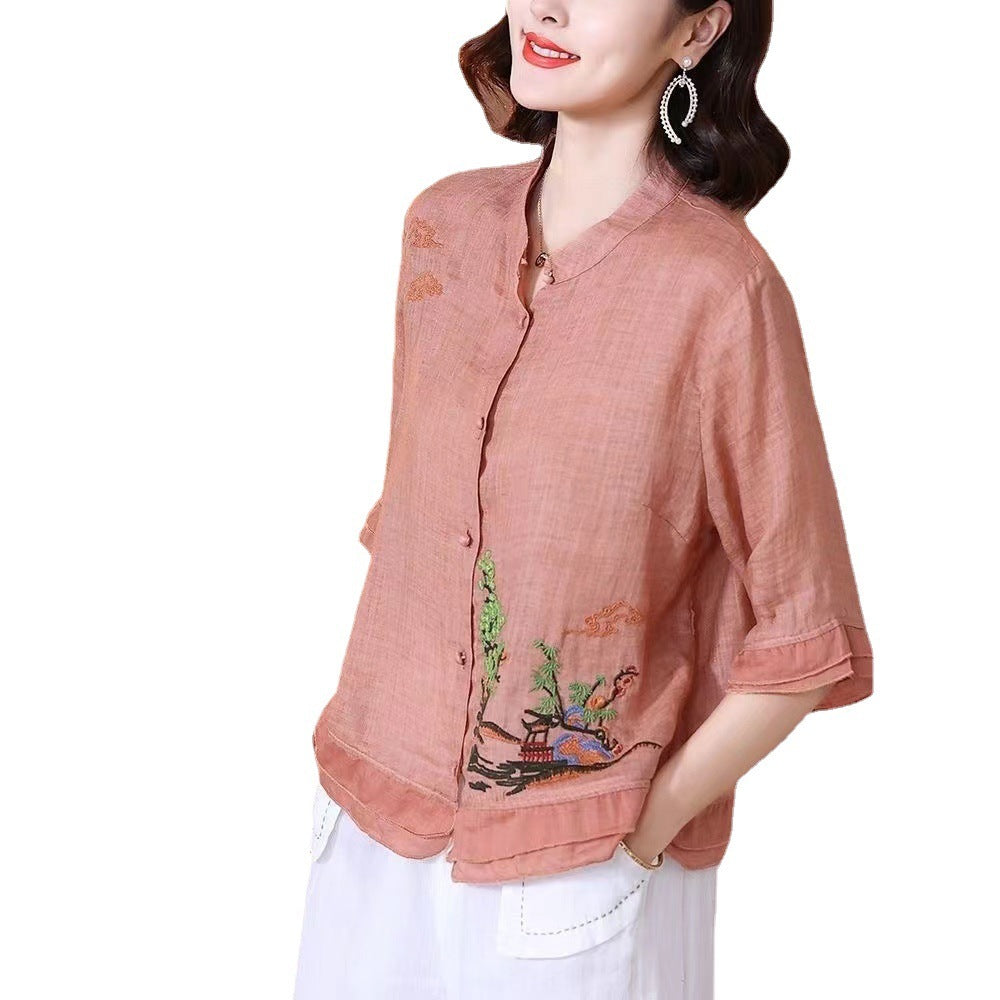 Women's Vintage Cotton Linen Embroidered T-shirt