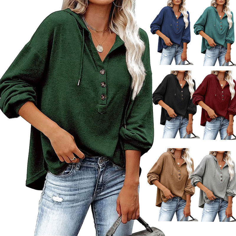 Women’s V-Neck Hooded Long Sleeve Shirt