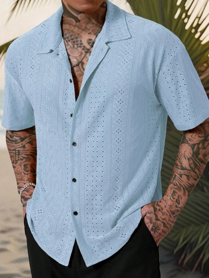 Mens Versatile Hollow-Out Jacquard Casual Shirt