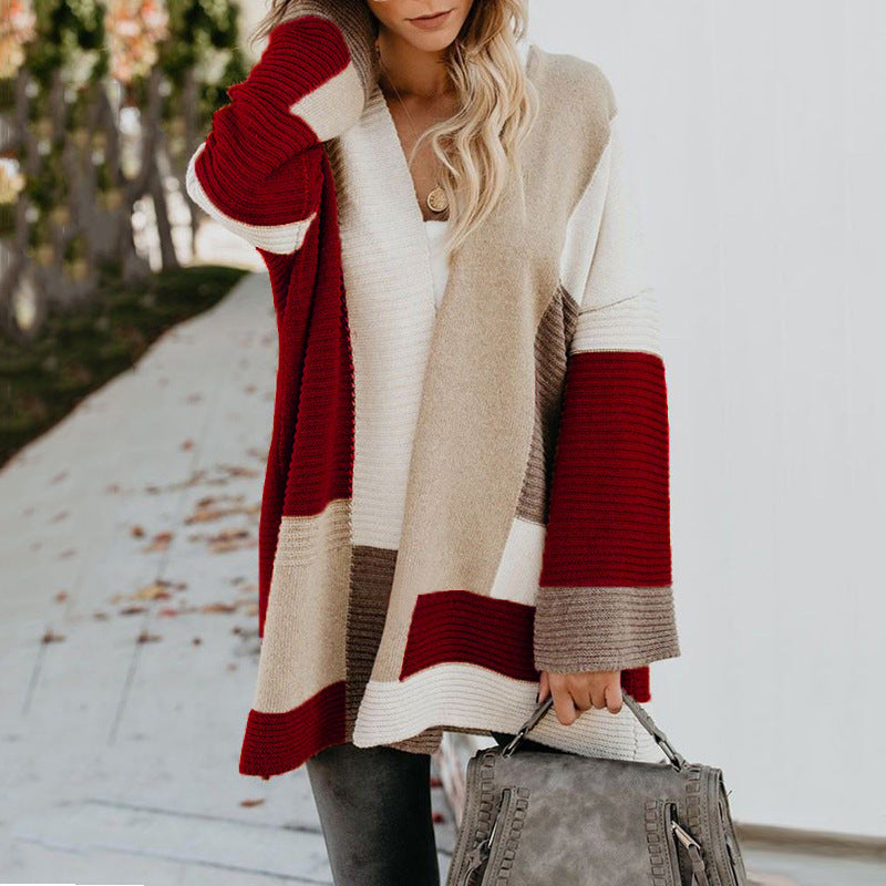 Women's Colorblock Mid-Length Long Sleeve Cardigan