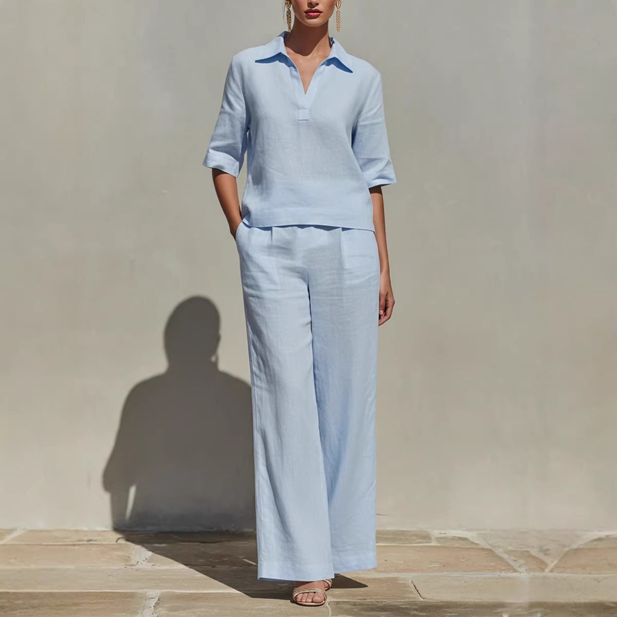 Women's Solid-Colored Casual Linen Two-Piece Set