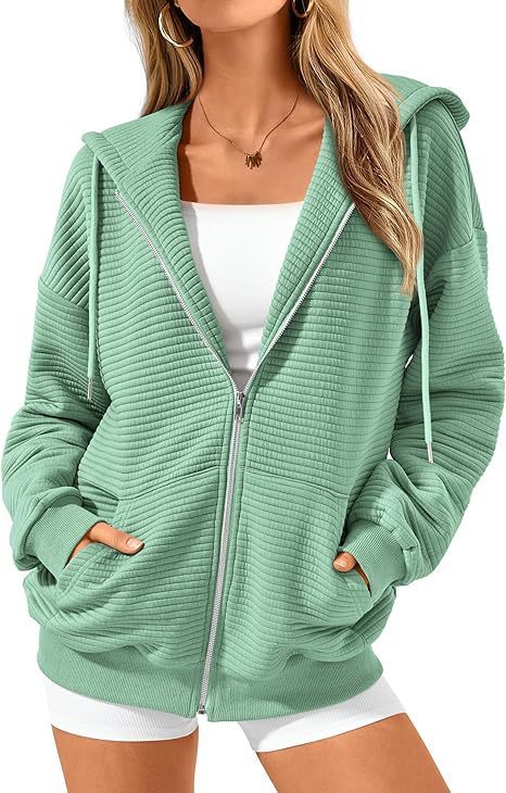 Women's Ribbed Long Sleeve Zippered Hoodie with Pockets