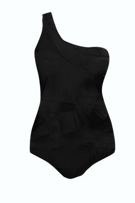 Women’s Plus Size One-Piece One Shoulder Black Swimsuit with Mesh XL-XXXL - Wazzi's Wear