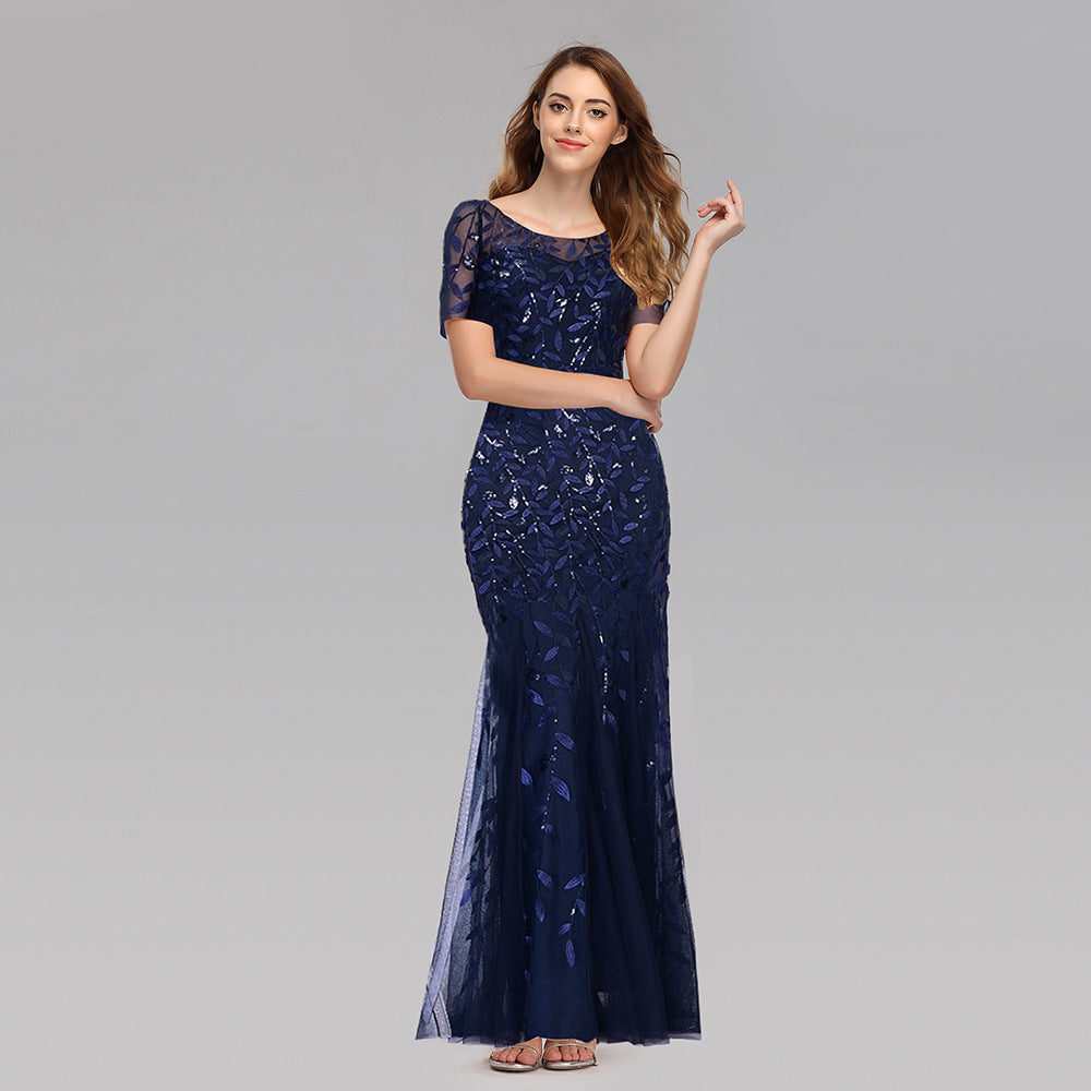Women’s Elegant Short Sleeve Evening Gown with Chiffon and Lace Overlay