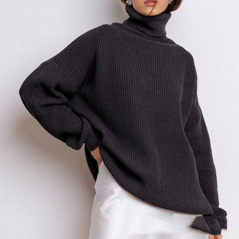 Oversized Black High Neck Long Sleeve Autumn Loose Blue Long Beige Women's Sweater