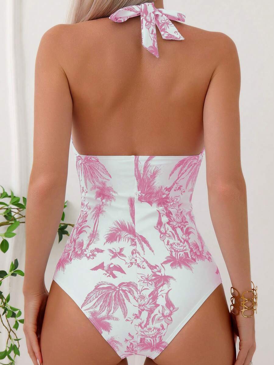 Women's Printed Halter Neck One Piece Swimsuit