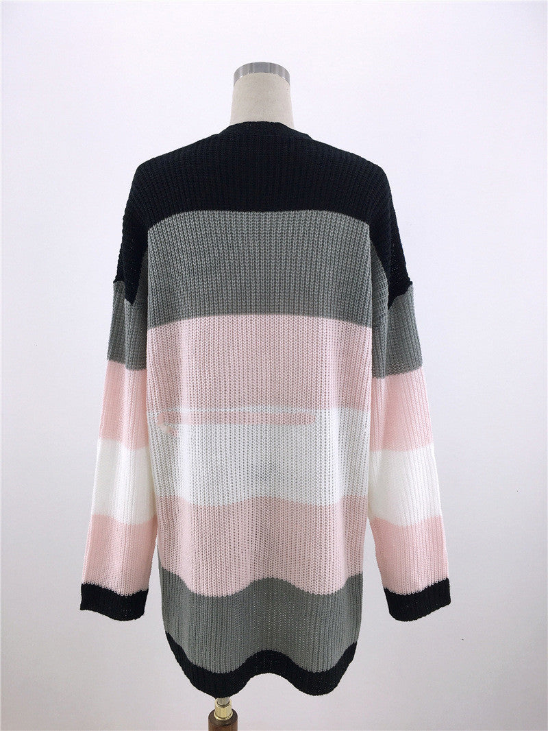 Mid-length Knitted Cardigan Loose Striped Rainbow Sweater