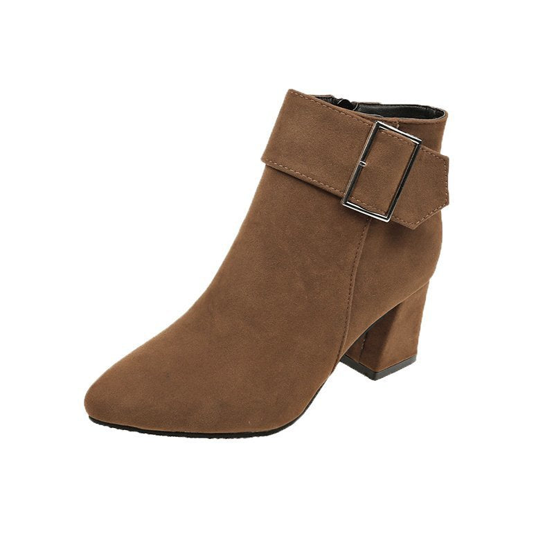 Women's Suede Block Heel Ankle Boots with Pointed Toe