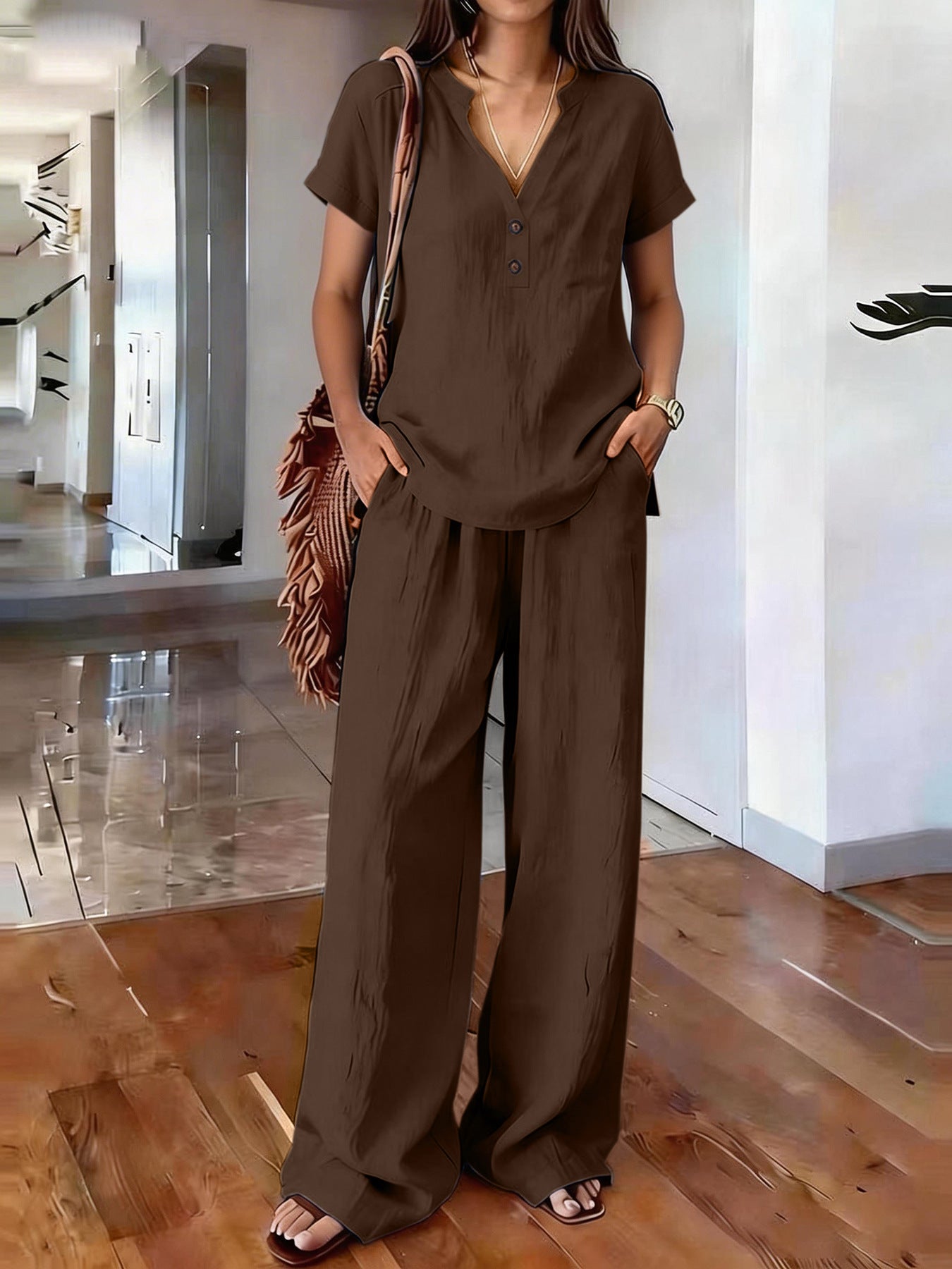 Women's Casual Solid-Colored Cotton And Linen Set