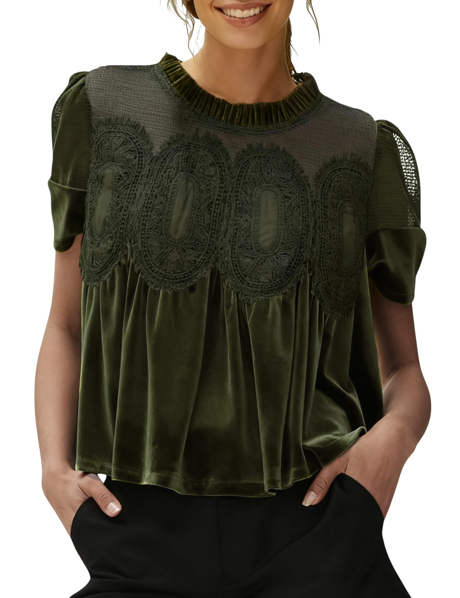Women's Fashion Mesh Embroidered Crew-Neck Pullover Solid Color Top