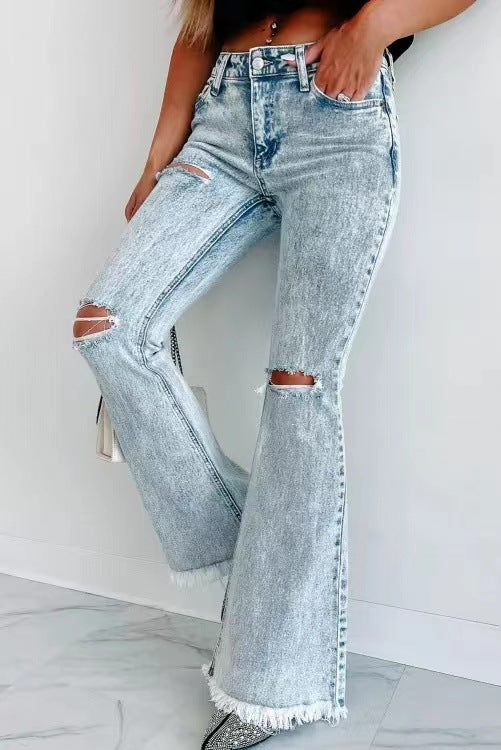 Women's Ripped Washed High Waist Bellbottom Jeans S-2XL - Wazzi's Wear