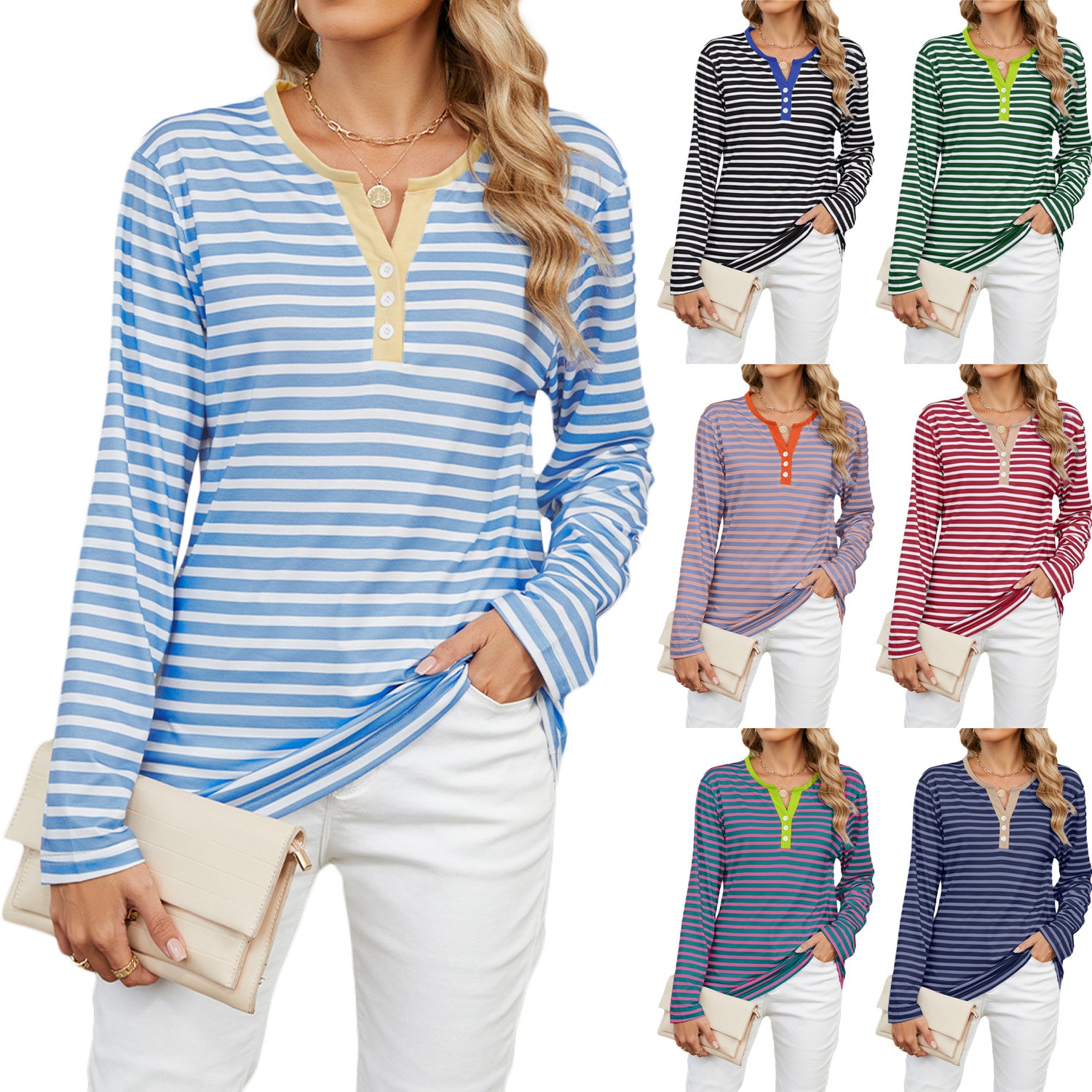 Women's V-Neck Striped Long Sleeve Shirt