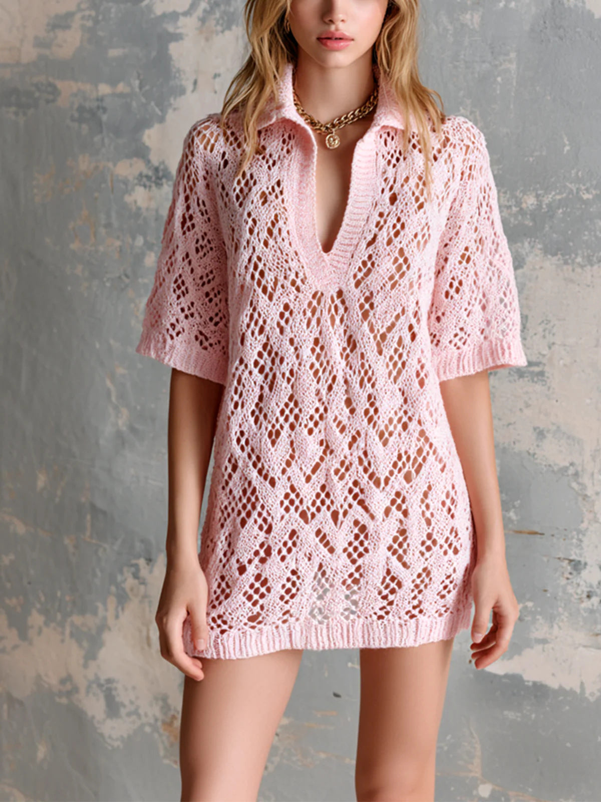 V-neck Short-sleeve Loose Hollow-out Knit Mini Dress