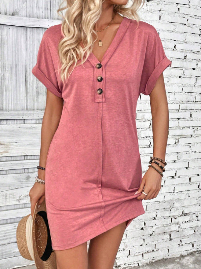 Women's Solid Colour Short Sleeve V-Neck Shirt Dress