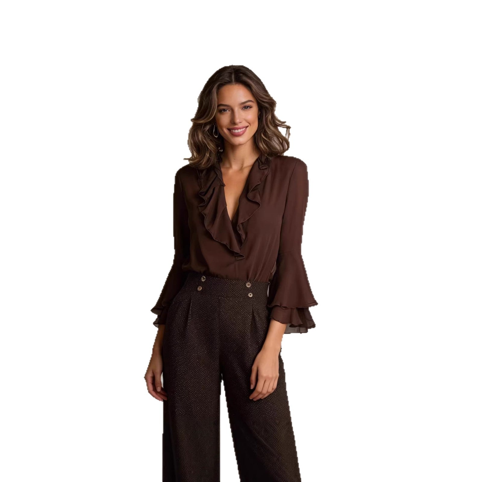 SpringSummer Sweet Ruffle-Trimmed V-Neck Shirt