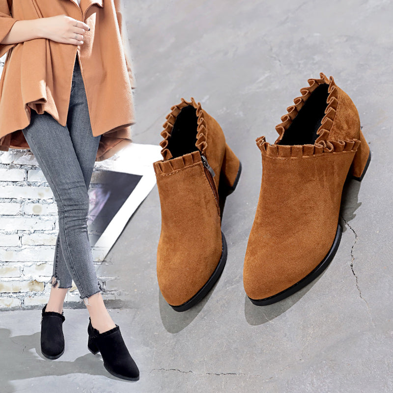 Women’s Suede Thick Heel Pointed Toe Ankle Boots in 2 Colors - Wazzi's Wear