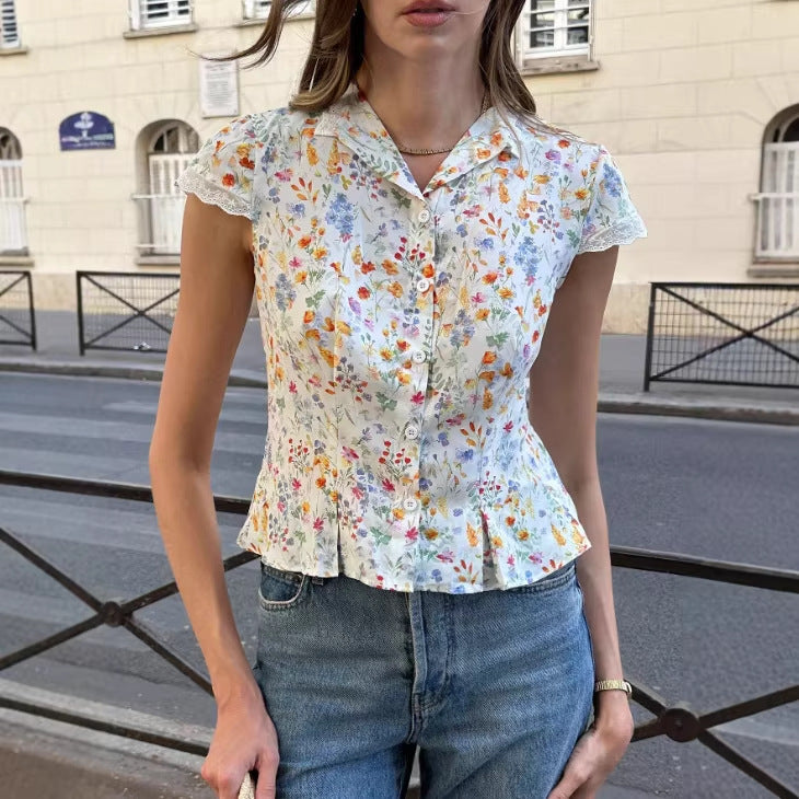 Women's Floral Print Lace-Patchwork V-Neck Shirt