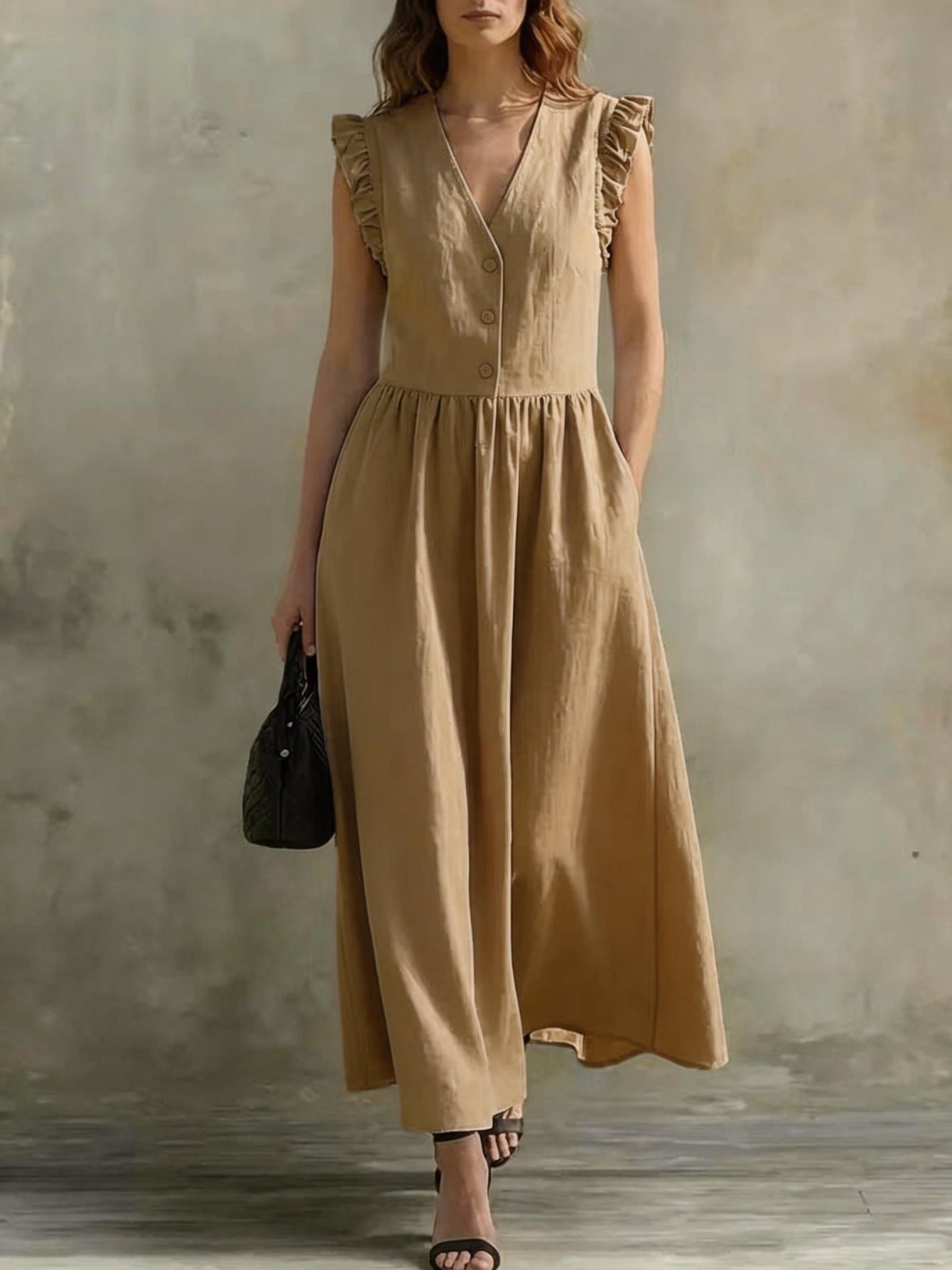 Casual Fashionable Elegant V-Neck Dress With Pockets