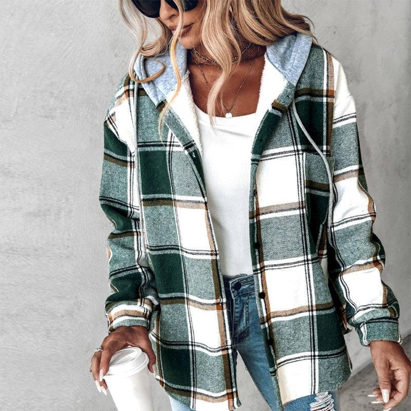 Women's Plaid Hooded Long Sleeve Shacket in 2 Colors S-XL - Wazzi's Wear