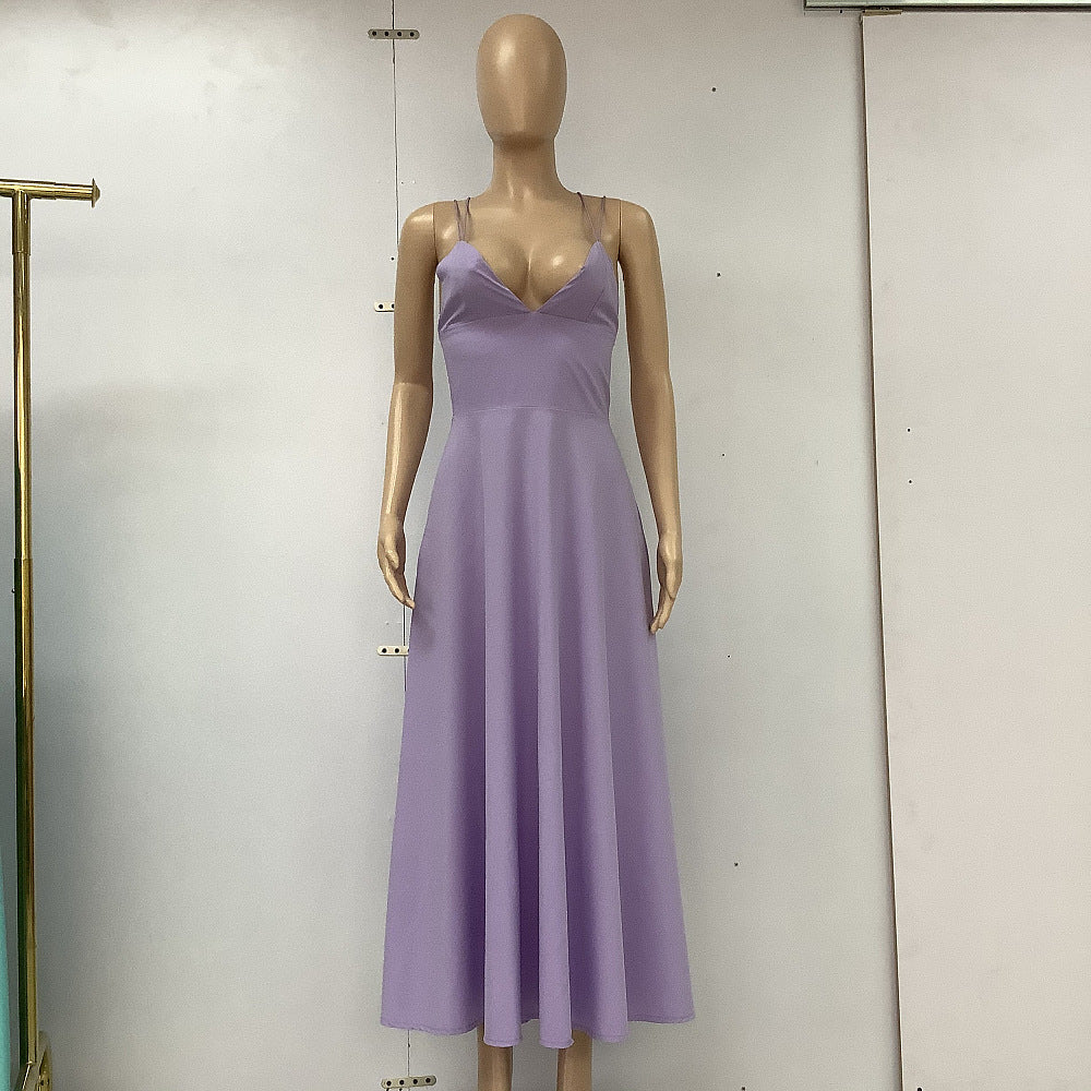 Women’s V-Neck Spaghetti Strap Mid-Length Formal Dress