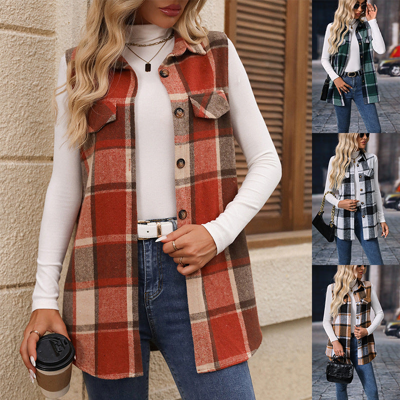 Women's Sleeveless Button-Up Plaid Vest with Chest Pocket