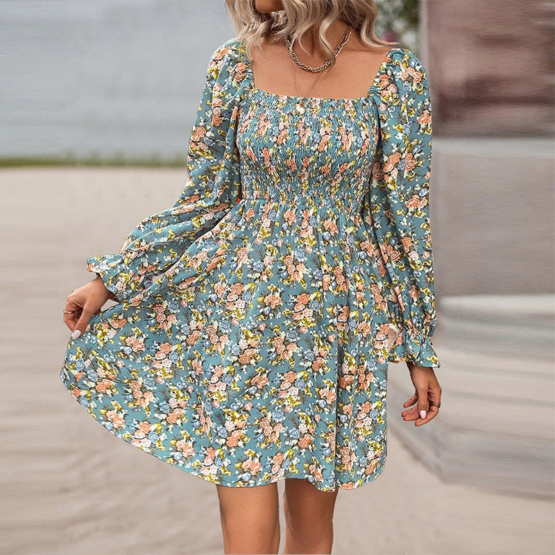Women's Fashionable All-match Beach Print Square Collar High Waist Casual Dress