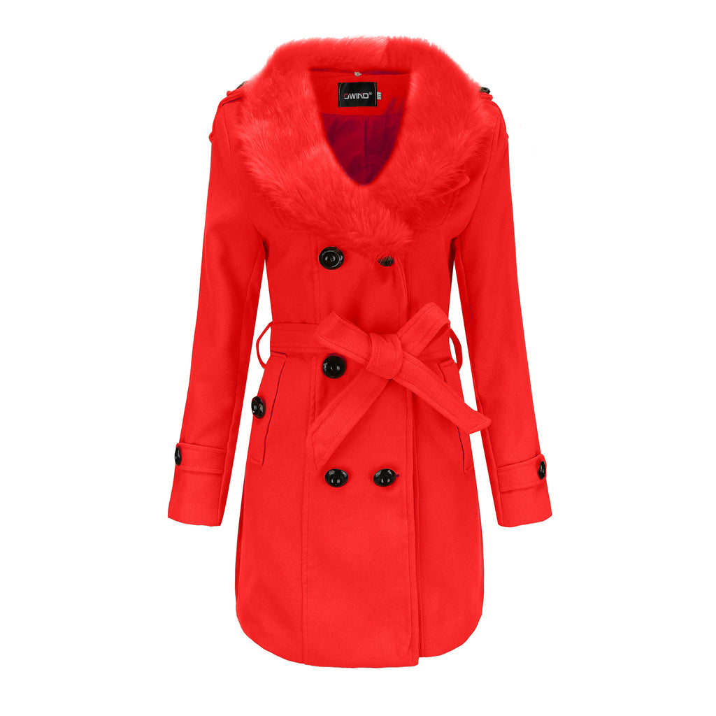 Women’s Woolen Mid Length Coat with Fur and Waist Tie in 7 Colors M-5XL - Wazzi's Wear