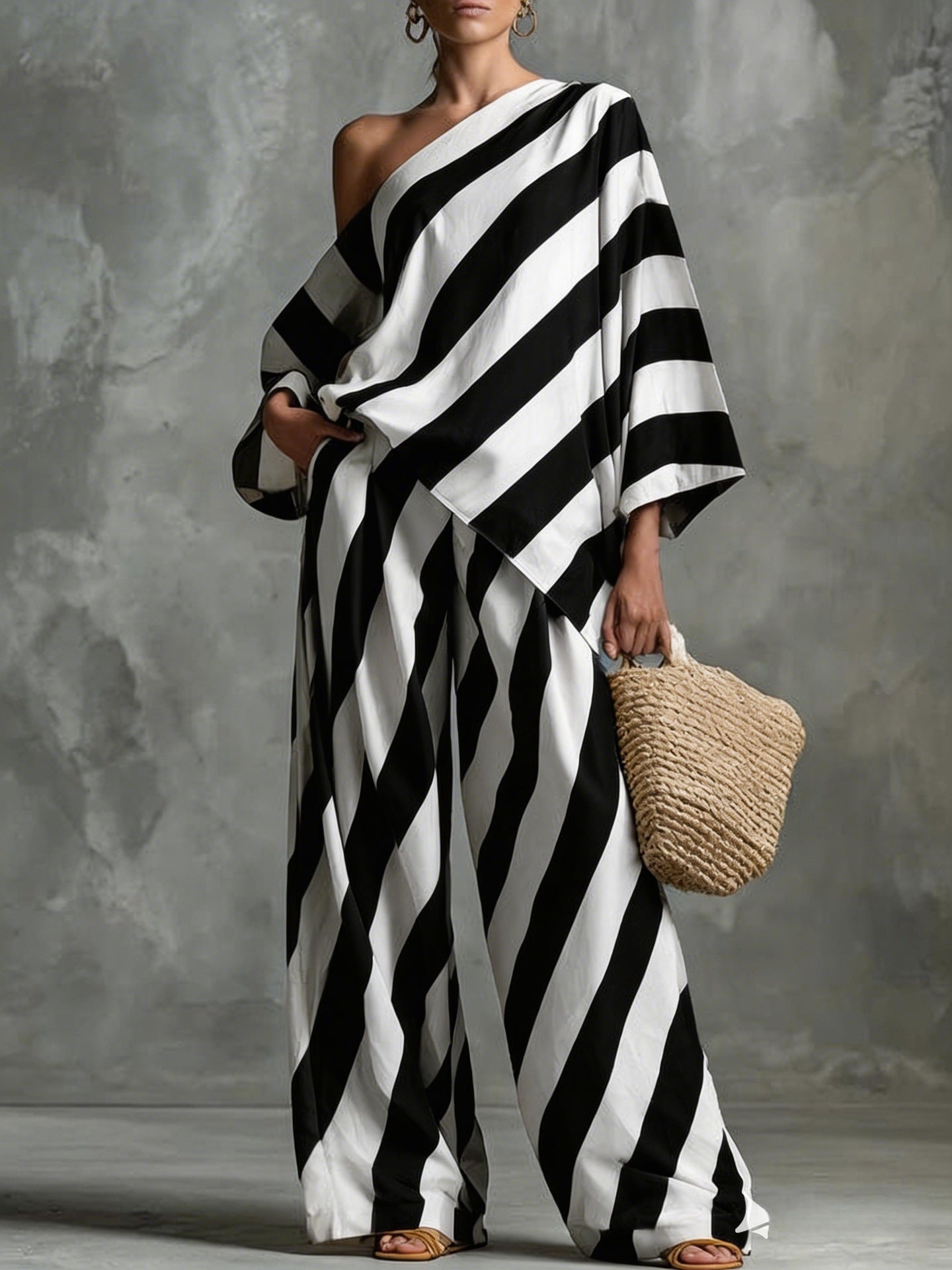 Retro Striped Printed Chiffon Top And Wide-leg Pants Set