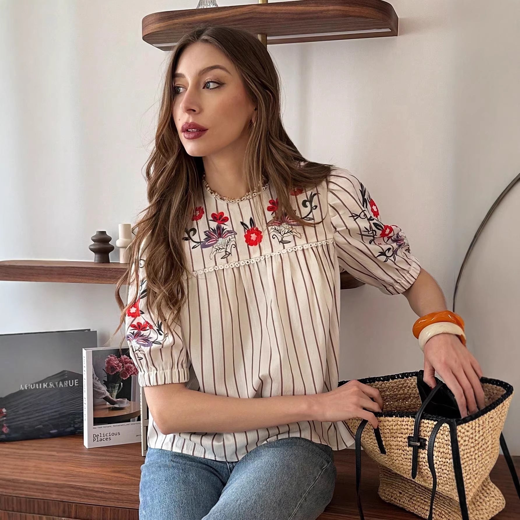 Retro Striped Floral Top French Vacation-Style Loose Shirt