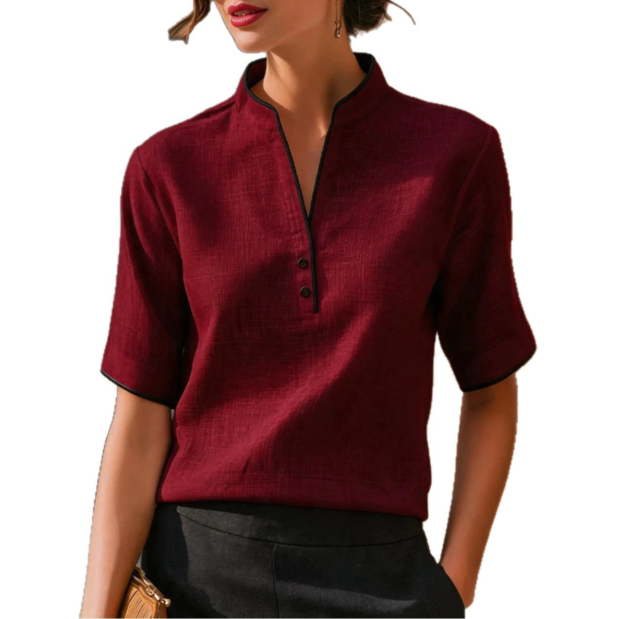 Summer Thin Small Stand Collar V-Neck Slimming Elegant Commuter Top