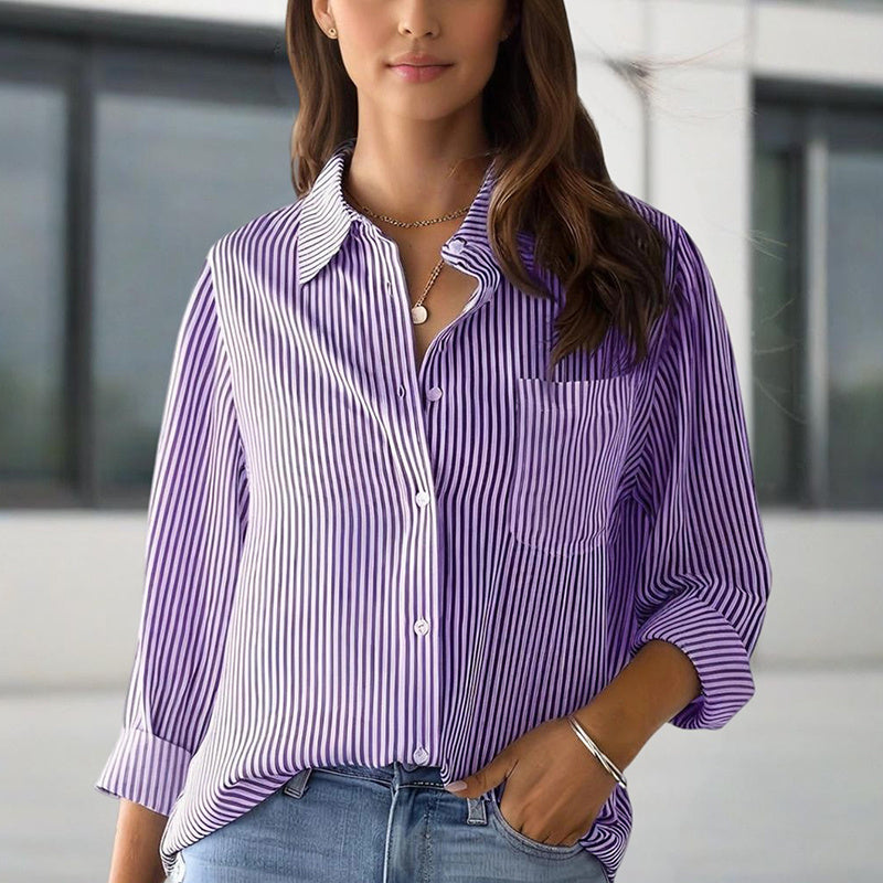Women's Elegant Striped Long Sleeve Shirt - Pointed Lapel Collar With Chest Pocket, Button-Up Casual Blouse For Spring&Fall