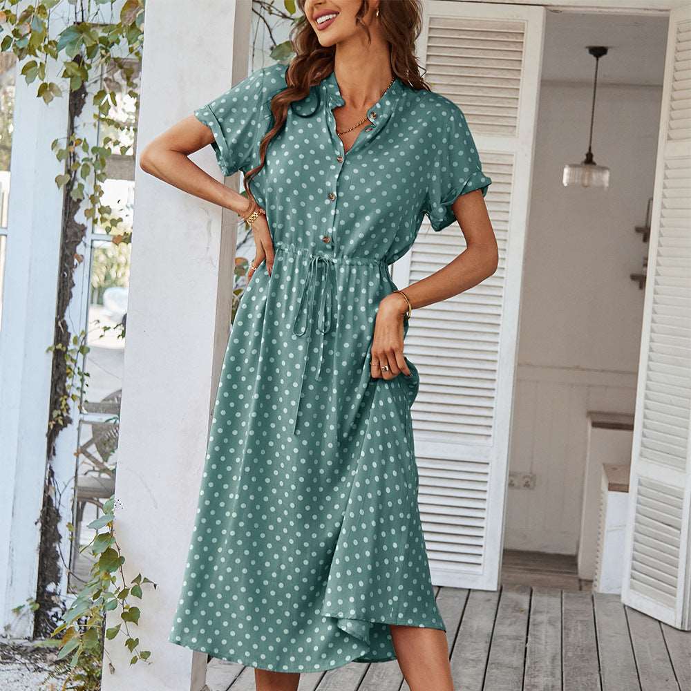 Women’s Polka Dot Short Sleeve Midi Dress with Waist Tie