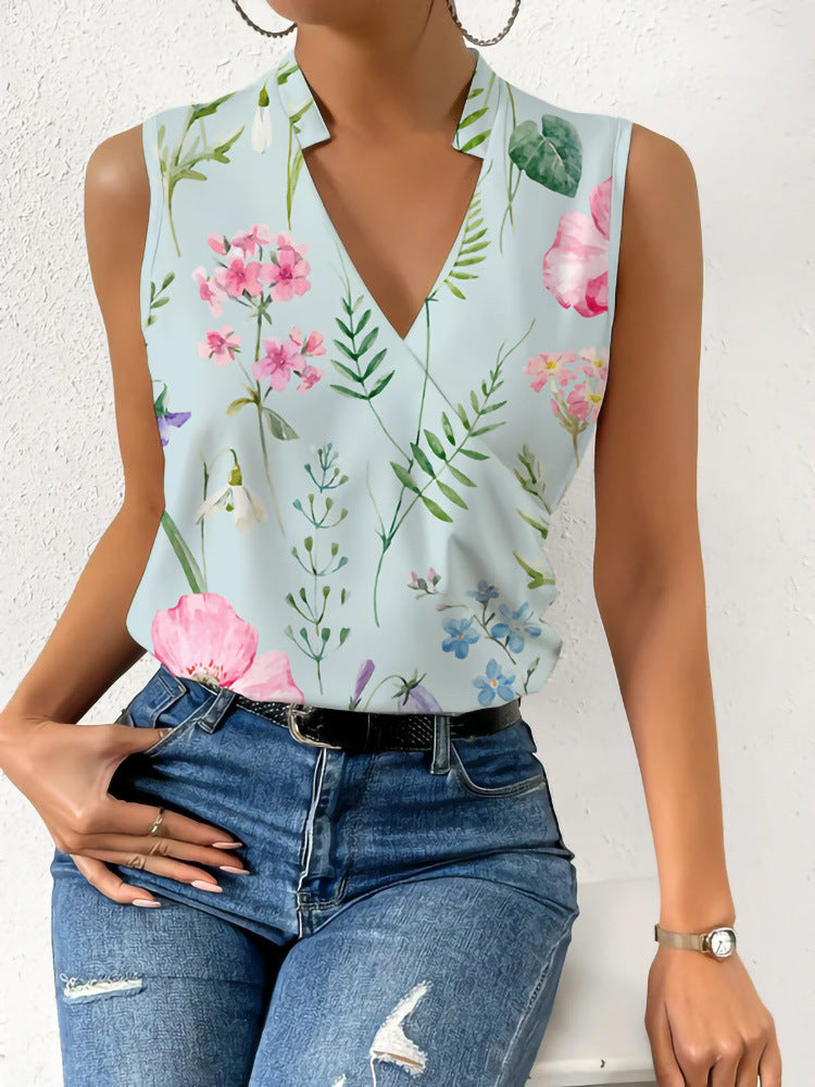 Women's V-Neck Printed Sleeveless Blouse