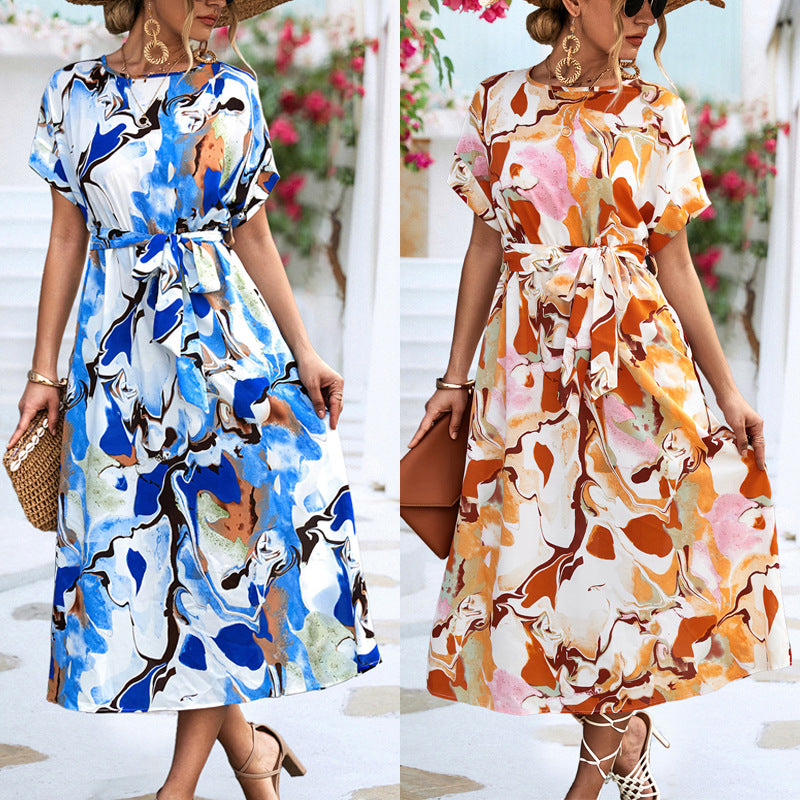 Women’s Printed Short Sleeve Midi Dress with Waist Tie in 2 Colors S-XL