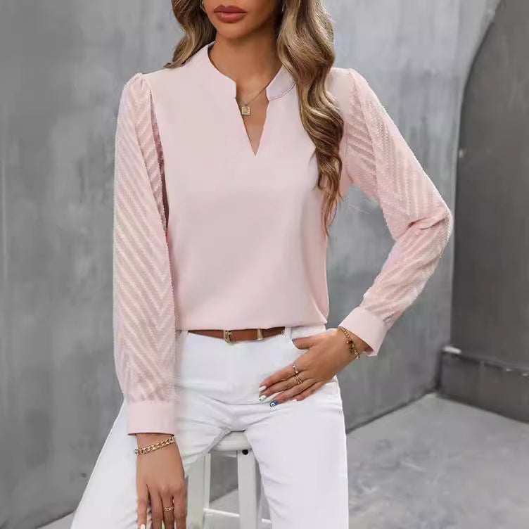 Women’s V-Neck Blouse with Long Chiffon Sleeves