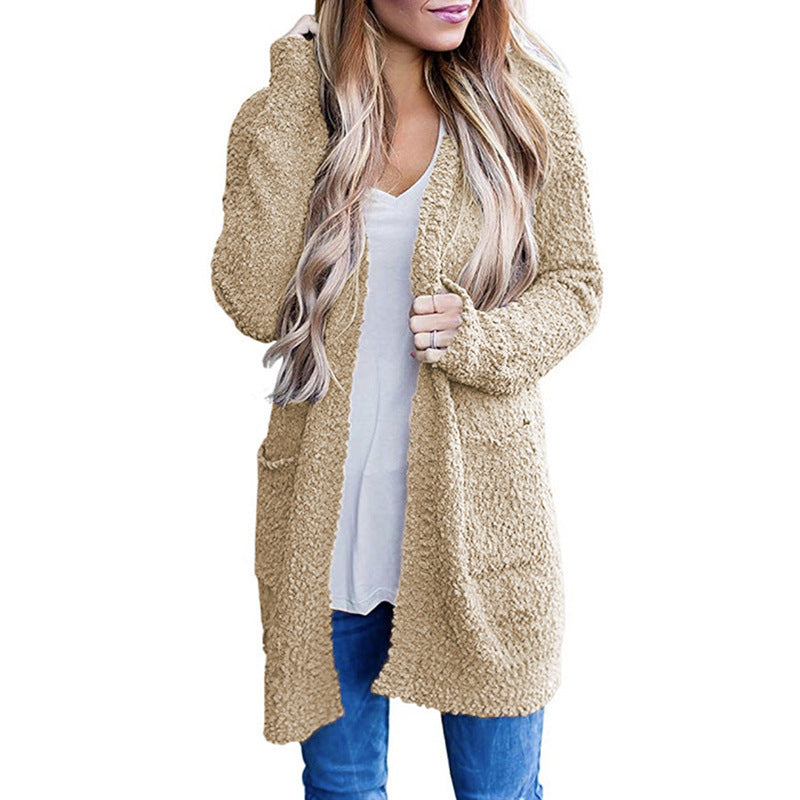 Women’s Solid Color Fleece Mid-Length Cardigan