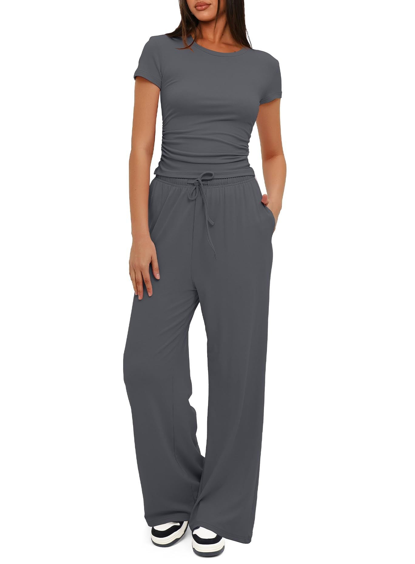 Women’s Short Sleeve Top with Matching Drawstring Wide-Leg Pants