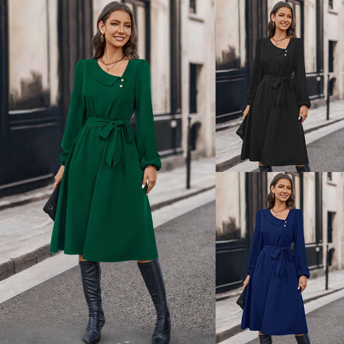 Women’s Long Sleeve Midi Dress with Waist Tie in 3 Colors S-XL - Wazzi's Wear