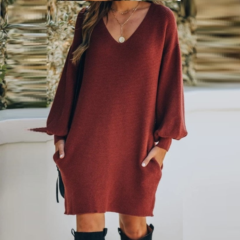 Women's Autumn And Winter New Style Solid Color Pocket Sweater Dress