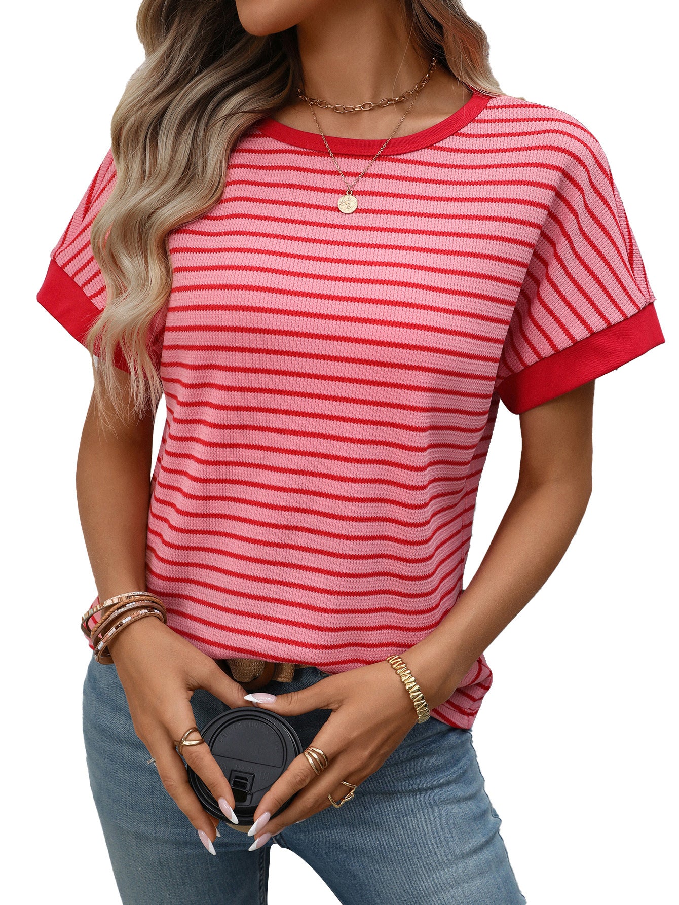 Casual Crew-Neck Patchwork Short-Sleeve T-Shirt