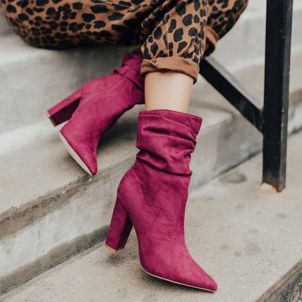 Women’s Side Zip Wide Heel Suede Fashion Boots in 3 Colors - Wazzi's Wear