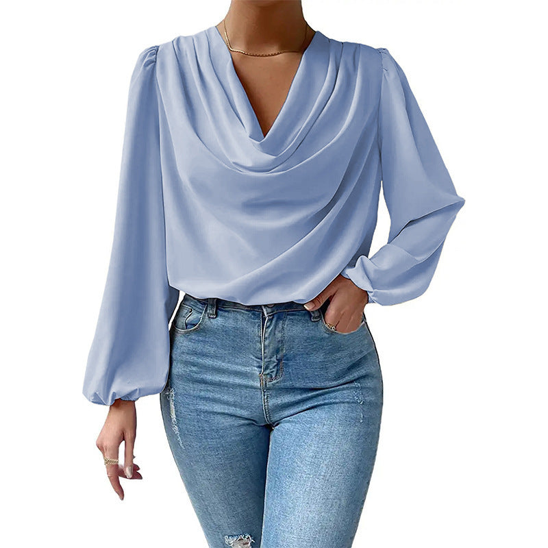 Women’s Elegant Chiffon Cowl Neck Long Sleeve Blouse