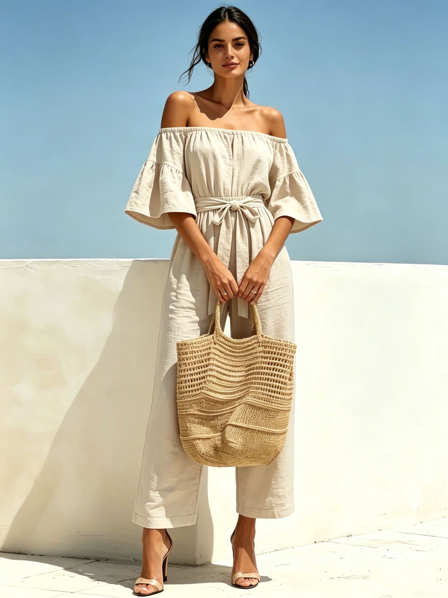 Womens Lace-Up Off-Shoulder Ruffle Jumpsuit