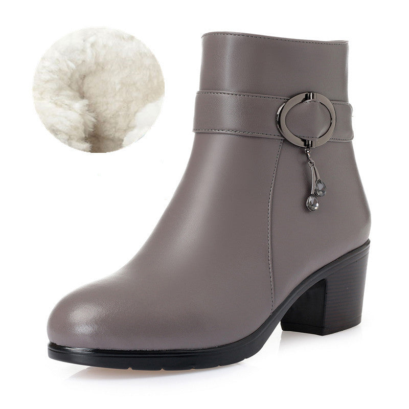 Women’s Wool Lined Leather Winter Boots with Thick Heel and Zipper in 3 Colors - Wazzi's Wear