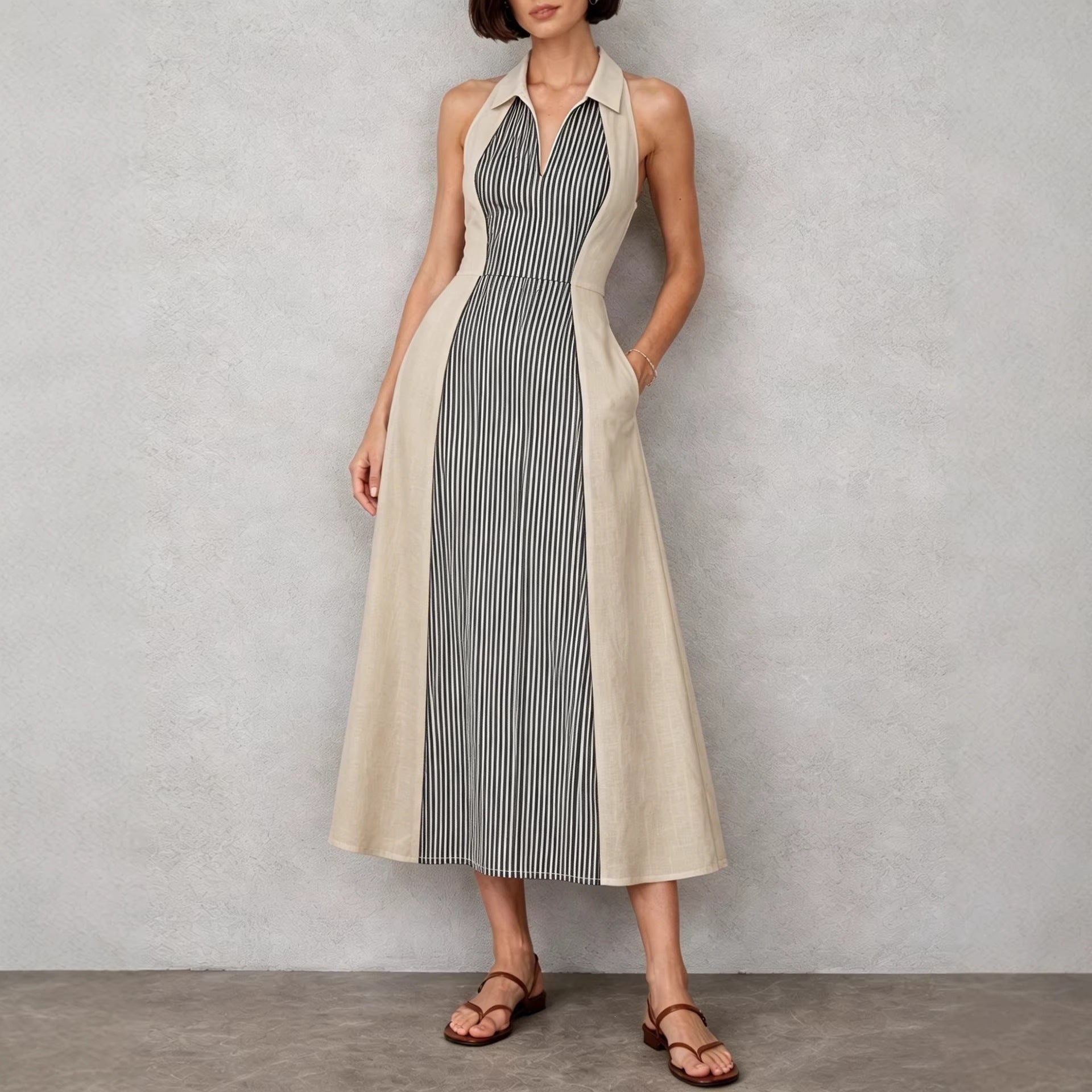Womens Shirts Collar Defined Waistline Striped Long Swing Dress